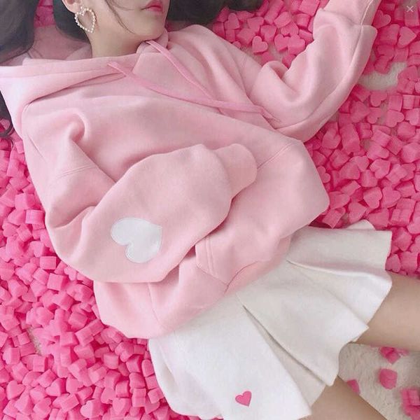 Kawaii Sweet Love Sudadera con capucha Mujeres Bordado Rosa Sudaderas con capucha Linda suelta Manga larga Trajes Jerseys Moletom Tops Chicas Y0820