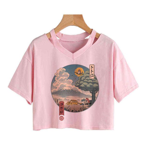 Kawaii Totoro Crop Top Funny Cartoon T-shirt Femmes Mignon Anime Graphic Vintage T-shirt 90s Ullzang Tshirt Fashion Top Tees Femme Y220308