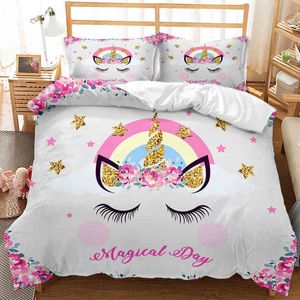 Ropa de cama de unicornio Kawaii para niños y niñas, juego de funda nórdica de lujo rosa, edredón doble King Queen, tamaño completo