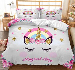 Kawaii Unicorn Girls Pink Luxe bed Linnen King Twin Dekens Full Size Bedding Set Kids7648636