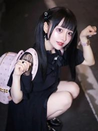 Kawaii femmes robe Lolita Y2K mignon Style japonais élégant à manches courtes noir doux décontracté bureau dame esthétique Mini robe 240311