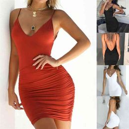 Kayotuas vrouwen jurk sexy zomer backless hoge taille slank verband bodycon avondfeest korte mini v-hals sling sundress 210522