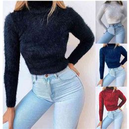 Kayotuas Women Sweater Fashion Solid Color High Neck Plush Fleece Jumper Outdoors Autumn Spring Ladies Skinny Slim Tops 210522