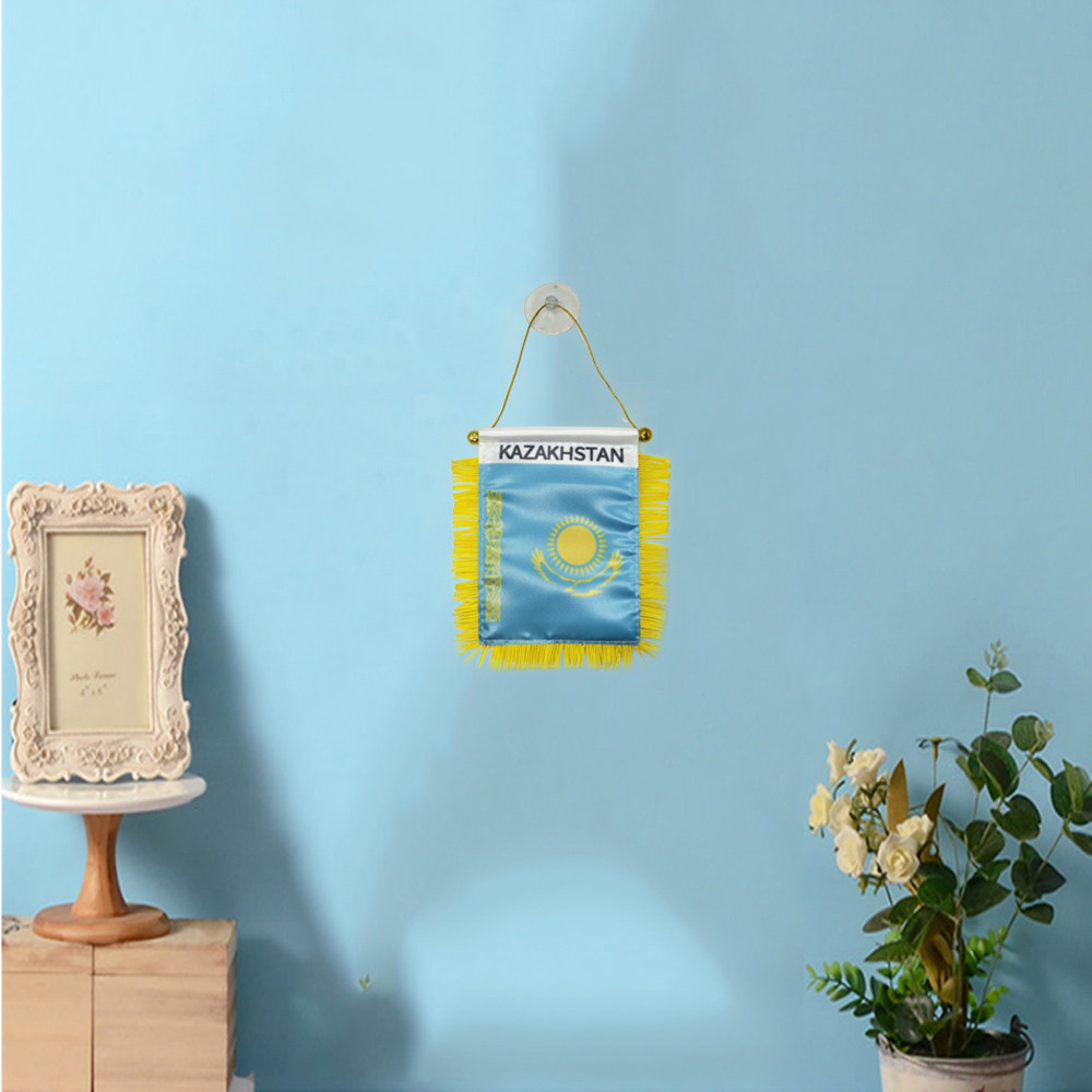 Kazakhstan Fringy Window Hanging Flag 10x15 cm Double Sided Mini Kazakhstan Exchange Flags with Suction Cup for Home Office Door Decor