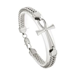 KB164177-KFC Rock Hip-Hop Dubbele rij gevlochten kettingarmband roestvrij staal Egyptische Cross Men's armbanden 3 kleuren Kies 8 mm 8.66inch