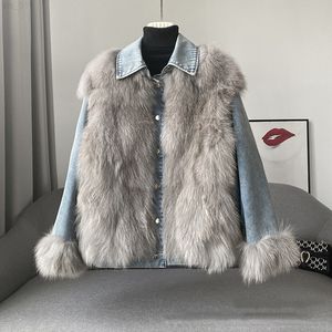 Kbat faux fur dames winter denim jas 2022 oversized grote bont kraag plus fluweel jas dik losse warme bommenwerper jean jas t220716