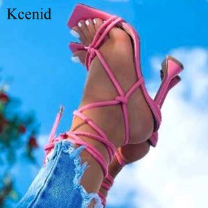 KCENID Aankomst Zomer Dames Sandalen Lace-Up Cross-Band Hoge Hakken Gladiator Sandalen Open Teen Spike Heel Damesschoenen 210715