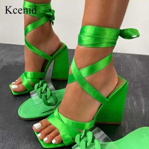 Kcenid Femmes Chunky Talons Sandales Super Hautes Pour Chaussures Sexy Tête Carrée Pompes Croisées Mode Fête Vert 210712