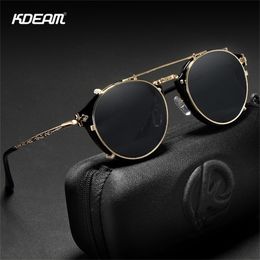 KDEAM Retro Steampunk Ronde Clip Op Zonnebril Mannen Vrouwen Dubbellaags Verwijderbare Lens Barok Gesneden Benen Bril UV400 Met Doos 220526