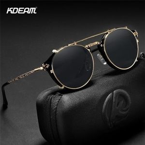 KDEAM Retro Steampunk Clip redondo en gafas de sol Hombres Mujeres Lente extraíble de doble capa Piernas talladas barrocas Gafas UV400 con caja 22257Z