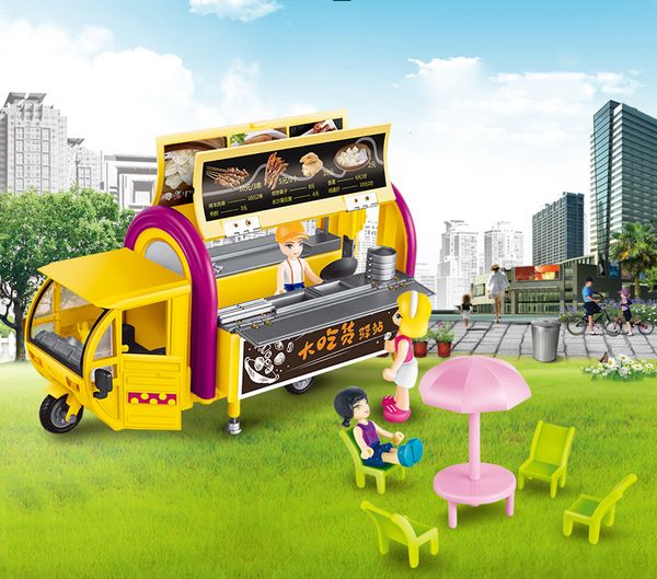 KDW Alloy Truck Model Toys, Mobile Snack Cart with Dolls, Kitchen Ustensiles, 1:20, for Party Kid' Birthday Gifts, Collecting, Home Decoration