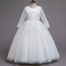 Keaiyouhuo Spring Tulle Childrens -jurk met lange mouwen borduurwerk prinses meisjes enkel lange jurk voor feest bruiloft 12y 240407
