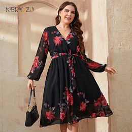 KEBY ZJ Vestido midi con cinturón y cuello en V con estampado floral de talla grande para mujer Casual Primavera Otoño Manga larga Vestidos elegantes vintage de una línea 240229