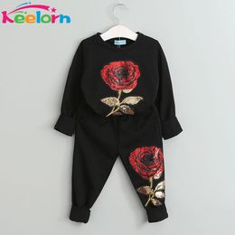 Keelorn Kids Hoodies 2018 Winter Meisjes Hoodies Sportkleding Lange mouw Rose Floral Geborduurde Sweatshirts + broek 2pcs Set