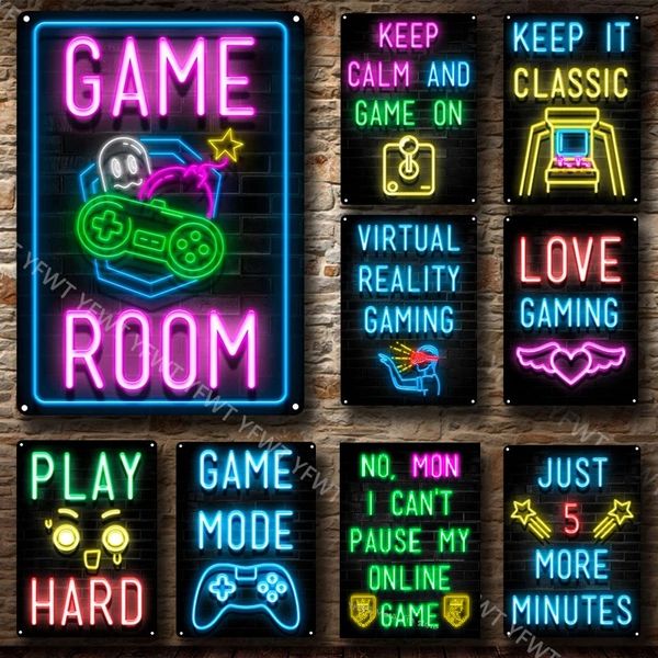 Panneau métallique néon Keep Calm and Game on Neon, proverbes anglais, signes inspirants, citations, salle de jeux, chambre d'enfant, décoration, Poste personnalisée, taille 30x20 w01