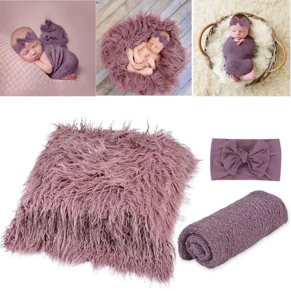 Keepsakes 3pcsset born Baby Pography Props Kits Couverture en fausse fourrure Tapis en coton extensible avec bandeau noué pour nourrissons en bas âge 231012