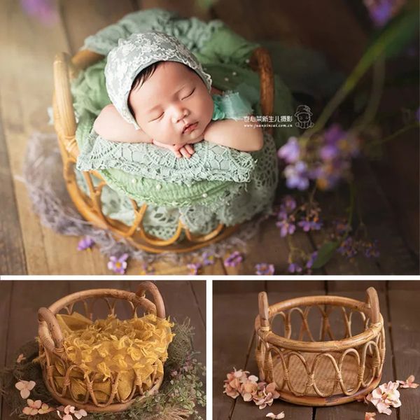 Souvenirs nés accessoires de photographie fille ronde vigne tissé panier bébé Po Shoot chaise Bebe Poser conteneur Studio photographie accessoires 231213