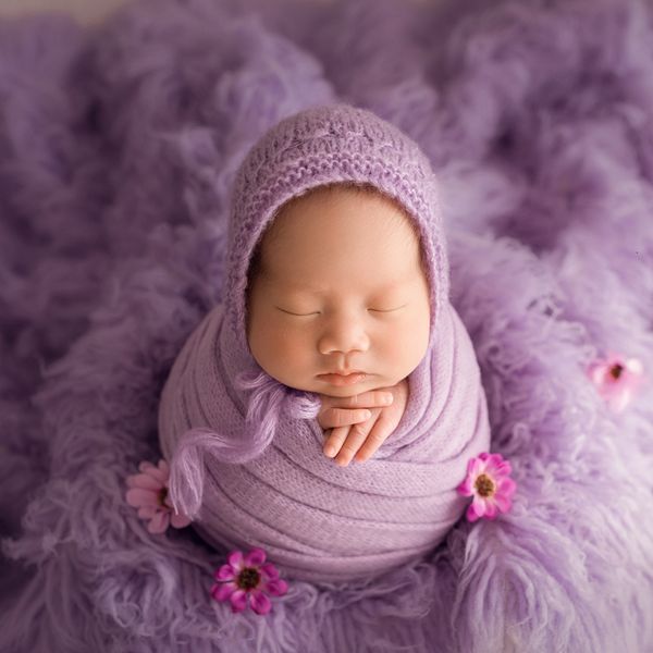 Souvenirs nés Stretch Wrap Un bel ensemble de chapeau en dentelle Cap Baby Pography Prop Outfit Born Knit Mohair Wrap And Bonnet Sets 230517