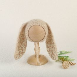 Keept Soft Knitted Stretch Angora Rabbit Bonnet met grote oren geboren Pography Props Jersey Crochet Fuzzy Animal Hat Po Shoot 230526