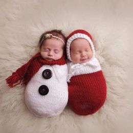 Souvenirs Twin Baby Pography Vêtements Tricot Sac de couchage Accessoires Noël Thème Bonhomme de neige Design Born Pography Outfit Accessoires 231129