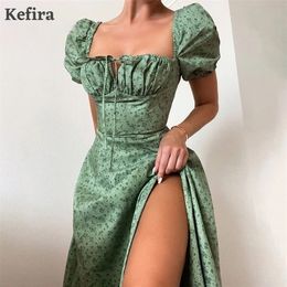 Kefira épaules dénudées imprimé Floral Sexy Dres Vintage élégant haut fendu robe d'été froncé cordon décontracté Maxi robes 220423