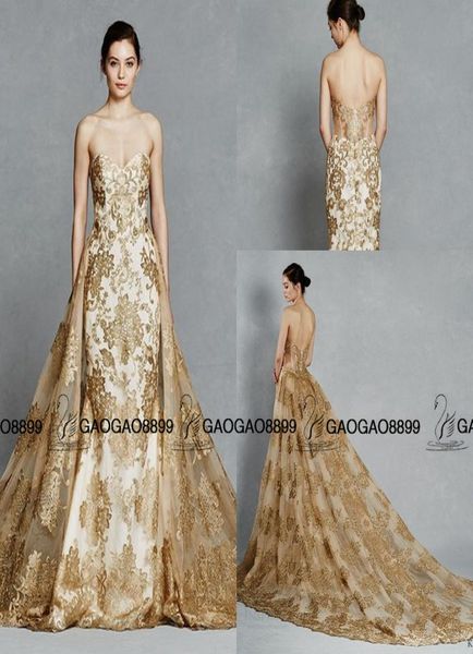 Kelly Faetanini Gold Color Robes nuptiales Broderie Train détachable Robes de mariée royale étincelante Smurpied sans dos deux pièces B5316971