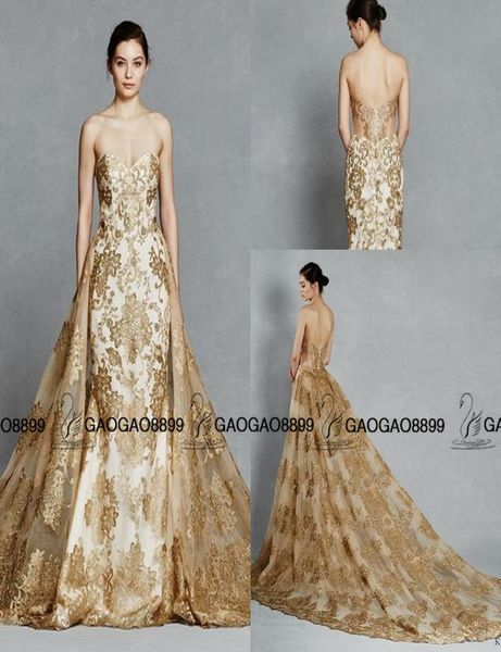 Kelly Faetanini Gold Color Robes nuptiales Broderie Train Détachable Robes de mariée royale Sparkly Sweet sans dos deux pièces B8456000