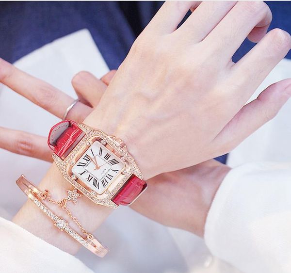 KEMANQI marque cadran carré diamant lunette élégant bracelet en cuir femmes montres Style décontracté dames montre montres à Quartz 12-111