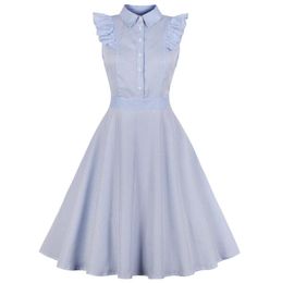 Kenancy 1960s Audrey Hepburn Swing rockabilly vintage jurk plus size blauwe streep print ruches retro jurk feestvestidos 4xl y191865095