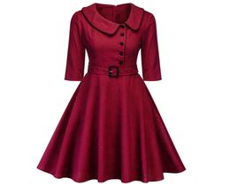 Kenancy Women Elegant Spring Wine Red Party Dress Feminino Vestidos Audrey 1960s Swing Rockabilly Robebutton Belts Formal Dress3921602