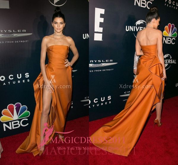 Kendall Jenner Sexy Golden Yellow Slit Prom Vestidos de noche Golden Globes After Party 2019 A-Line Strapless Formal Celebrity Gowns