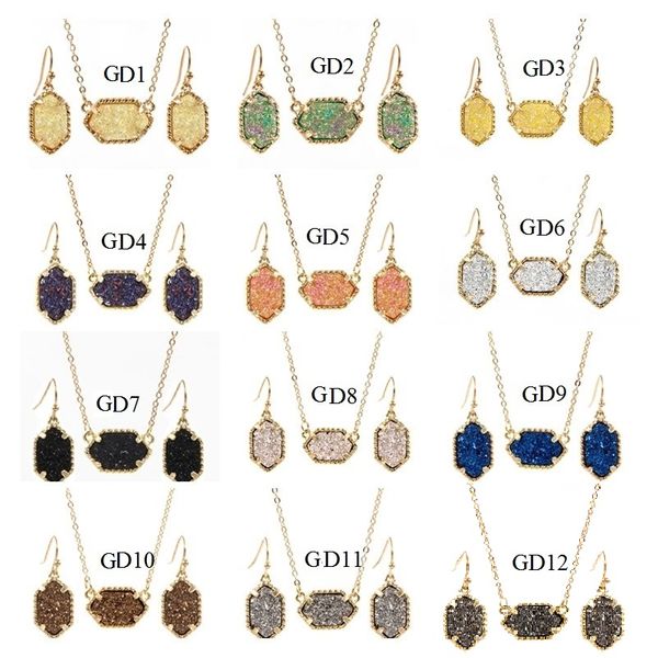 Drusy Druzy collier goutte boucles d'oreilles ensemble de bijoux or argent plaqué paillettes Druzy tour de cou pour les femmes MKI