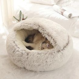 kennels pennen 2 in 1 Cat Cattery Rond Lang Kort Pluche Warm Bed Hond Slaapmand Sofa Kussen Nest Voor Puppy Kitten Kleine Matten 230928