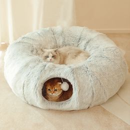 Kennels Pens 2 en 1 lits de chat ronds maison drôle chat Tunnel jouet doux Long lit de chien en peluche pour petits chiens panier chatons tapis de lit chenil sommeil profond 230831