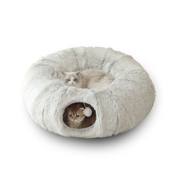 kennels pens 2 en 1 lits de chat ronds maison drôle chat tunnel jouet doux long lit de chien en peluche pour petits chiens panier chatons tapis de lit chenil sommeil profond 231120