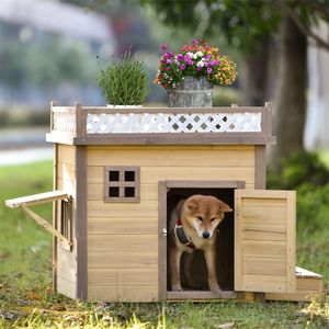 kennels pens 31.5in Casa de perro de madera Refugio de cachorros Perrera Caja de perro interior al aire libre con soporte de flores Soporte de plantas con muebles de alimentador de madera 220912