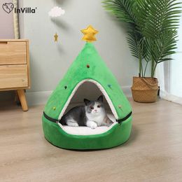 chenils stylos Noël chat lit chien tente maison tapis animal de compagnie auto-chauffant 2 en 1 x grotte mignon canapé pour petit chaton cabane cachette fournitures vertes 231202