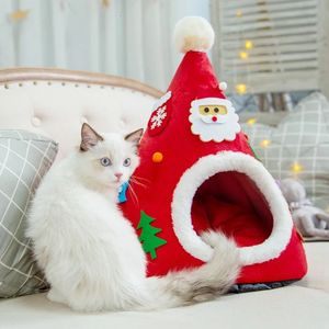 chenils pens Noël chat lit chien tente maison tapis chaud lit pour animaux de compagnie arbre de noël forme chat chenil maison doux en peluche nid chat lits de couchage tente 231120