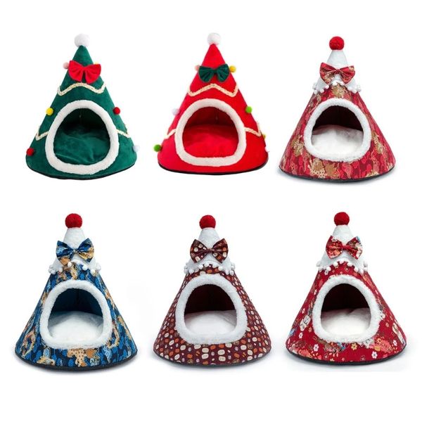 chenils stylos forme d'arbre de Noël tente pour animaux de compagnie lit doux pour petits chiens chats auto-chauffant Condo Santa Hat Design Dog House Dropship 231123