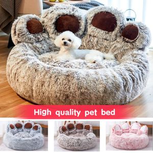 Kennels Pens Cama para perros Estera para gatos Redonda Casa para mascotas grande Peluche largo Dormir profundo Oso cálido Forma de pata Cojín súper suave Camas tranquilas Alta calidad 230926