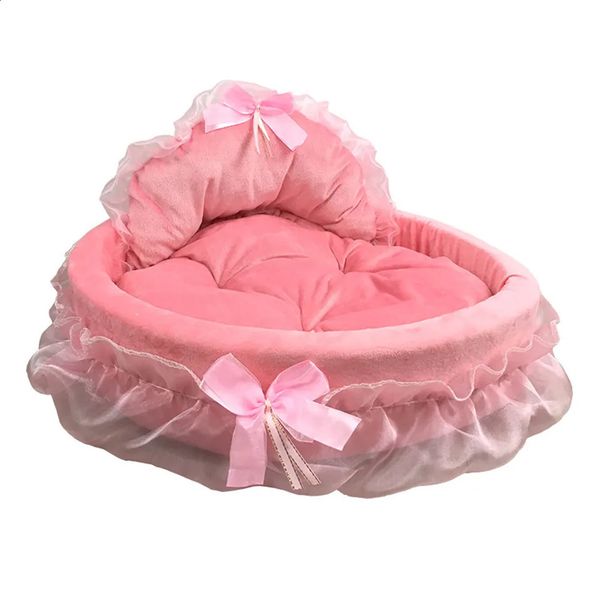 Hanpanda Fantasy Bow dentelle lit de chien pour petits chiens 3D détachable ovale rose princesse lit pour animaux de compagnie panier pour chien meubles de mariage pour animaux de compagnie 231218