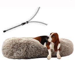 kennels pens Grand lit pour chien avec fermeture éclair rond lit pour animaux de compagnie tapis pour chat longue peluche chiens chenil hiver chaud dormir beignet animaux fournitures apaisant 231120