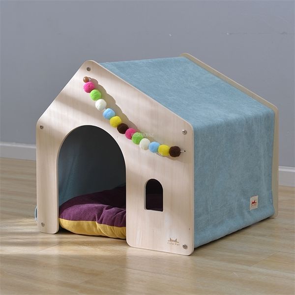 kennels pens Moderne créatif en bois massif chien maisons maison chiens Villa intérieur balcon chat chenil quatre saisons universel cage pour animaux de compagnie accessoires T 220912