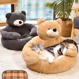 chenils stylos Super doux lit pour animaux de compagnie mignon hiver chaud ours câlin chat tapis de couchage semi-fermé chiot chaton peluche nid coussin chien canapé fournitures pour animaux de compagnie 231109