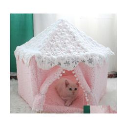 Kennels pennen zoete kat bedhond tent comfortabele roze huisdier huis katoenkennel draagbare kitten tipee opvouwbare slee mat grotproducten drop dhwzwzwzwzw