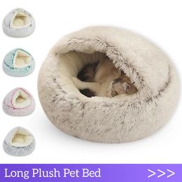 Kennels Pens Winter Long Plush Pet Cat Bed Cojín redondo Casa 2 en 1 Cesta caliente Bolsa de dormir Nido Perrera para perros pequeños 231205