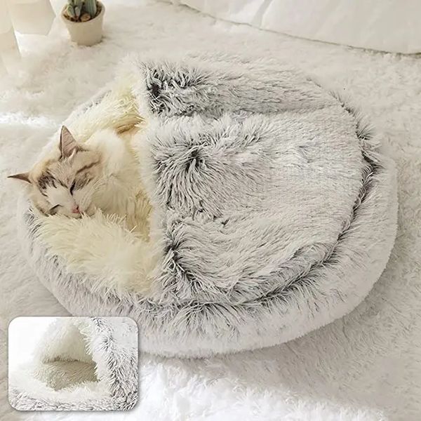 kennels pens Hiver longue peluche chat lit rond chat coussin maison chaud chat panier chat sac de couchage chat nid chenil 2 en 1 pour petit chien chat 231129