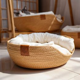 chenils stylos Yokee Pet Chat Tapis Chien Lit Canapé À La Main Bambou Tissage Quatre Saisons Cosy Nid Paniers Étanche Amovible Coussin Sleeping House 230606