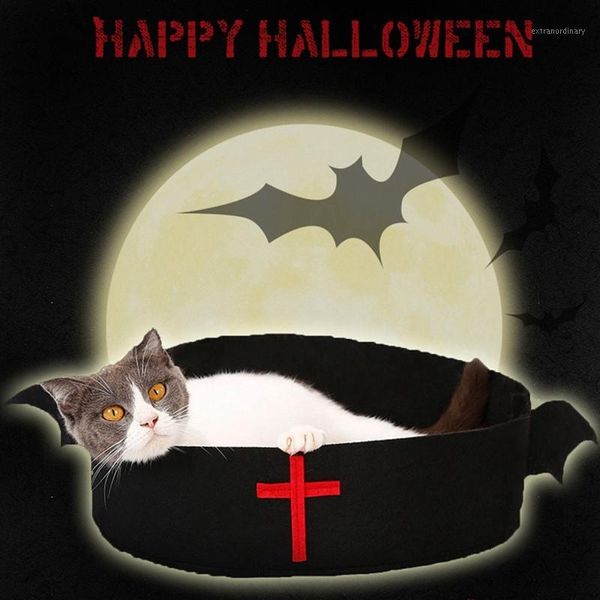 Chenils Nid de lit pour animaux de compagnie Style de chauve-souris d'Halloween Rond Doux Nouveauté Chat Chien Tapis de couchage Coussin de maison Convient à toutes les saisons Noir Design1