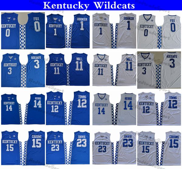 Maillots de basket-ball universitaires Kentucky Wildcats pour hommes 14 Tyler Herro 3 Edrice Adebayo 0 Fox 1 Devin Booker 11 John Wall 12 Towns 15 DeMarcus Cousins Anthony Davis Chemises